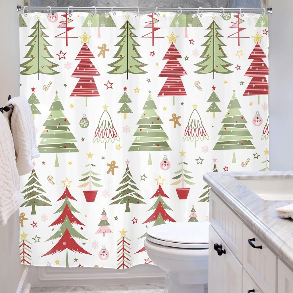 Christmas Shower Curtain For Bathroom Decor New Year Holiday Xmas Winter Gingerbread Colorful Green Red Pine Tree Art Printed