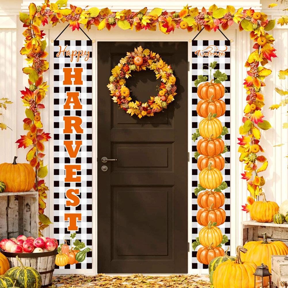 Vintage Front Door Fall Decorations Banners Rustic Yard Colorful Pumpkins Maple Leaf Porch Banners For Home Themed Party Outside