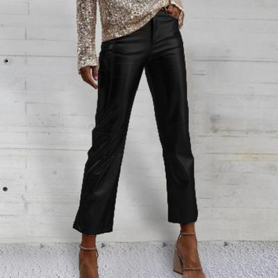 Women Pants Slim Fit Glossy Smooth Surface Faux Leather Pockets Mid Waist Zipper Button Closure Soft Breathable Club Party Lady Ninth Pants