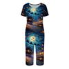 Women's Two Piece Halloween Print Lounge Set Short Sleeve Top with V Neck and Capri Pants Casual Sleepwear Pajama Set for Relaxed Fit