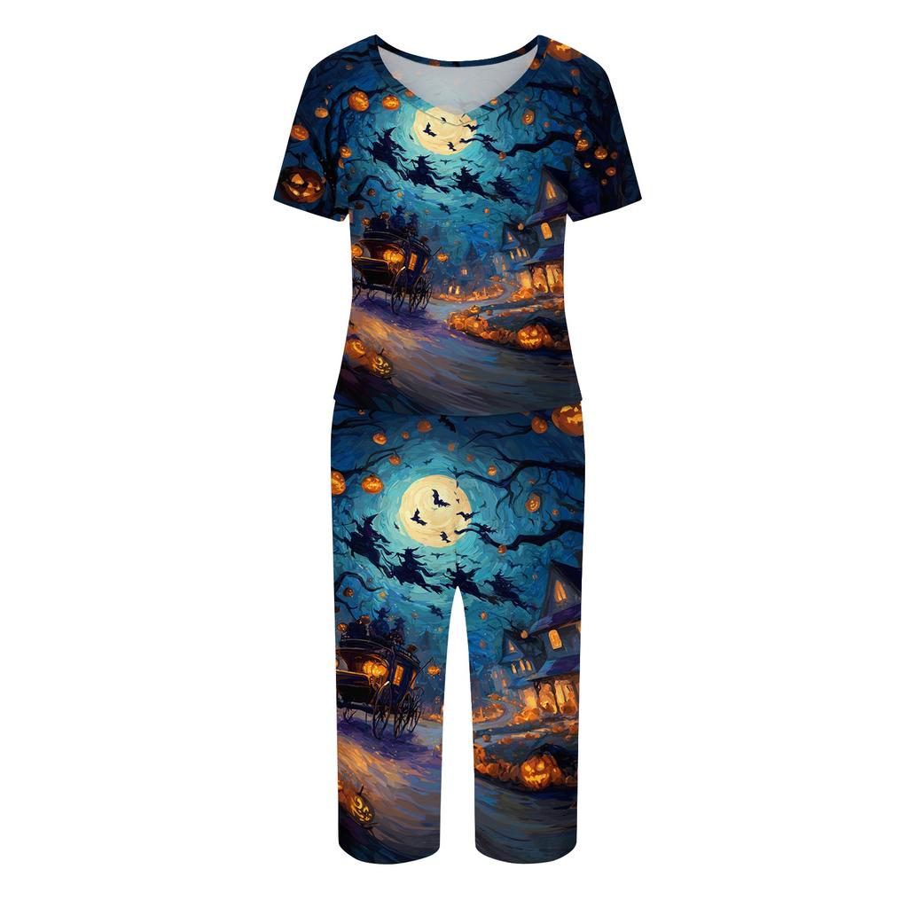 Women's Two Piece Halloween Print Lounge Set Short Sleeve Top with V Neck and Capri Pants Casual Sleepwear Pajama Set for Relaxed Fit