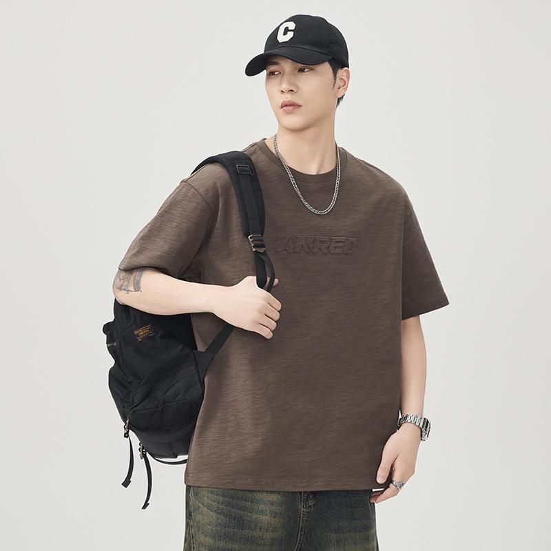 New Summer Retro Three-dimensional Steel Stamp Short-sleeved T-shirt Men's Loose Round Neck Half-sleeved Top