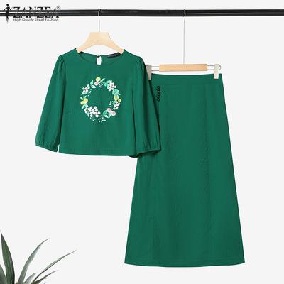 Women Half Sleeve Print Blouse and Long Skirts Casual Two Piece Suit Sets