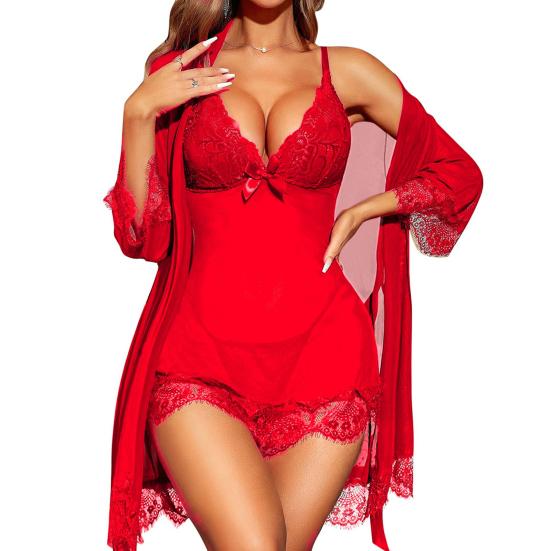 Sexy Lace Pajama Set for Women Babydoll Chemise Nightgown And Kimono Robe Set with Thong 3 Piece Sheer Mesh Sleepwear