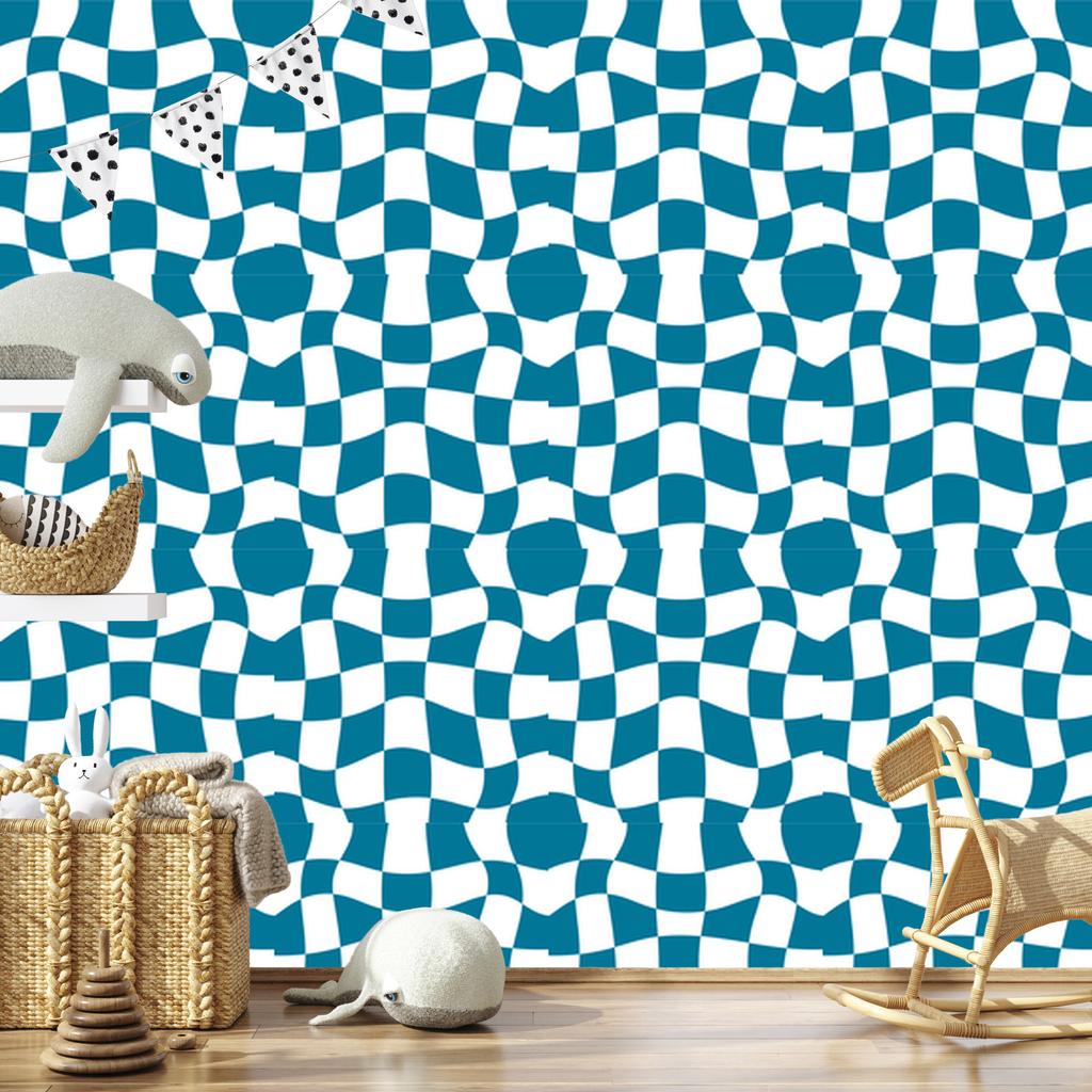 Wallpaper Casual checkerboard turquoise and white, turquoise background 50x1000