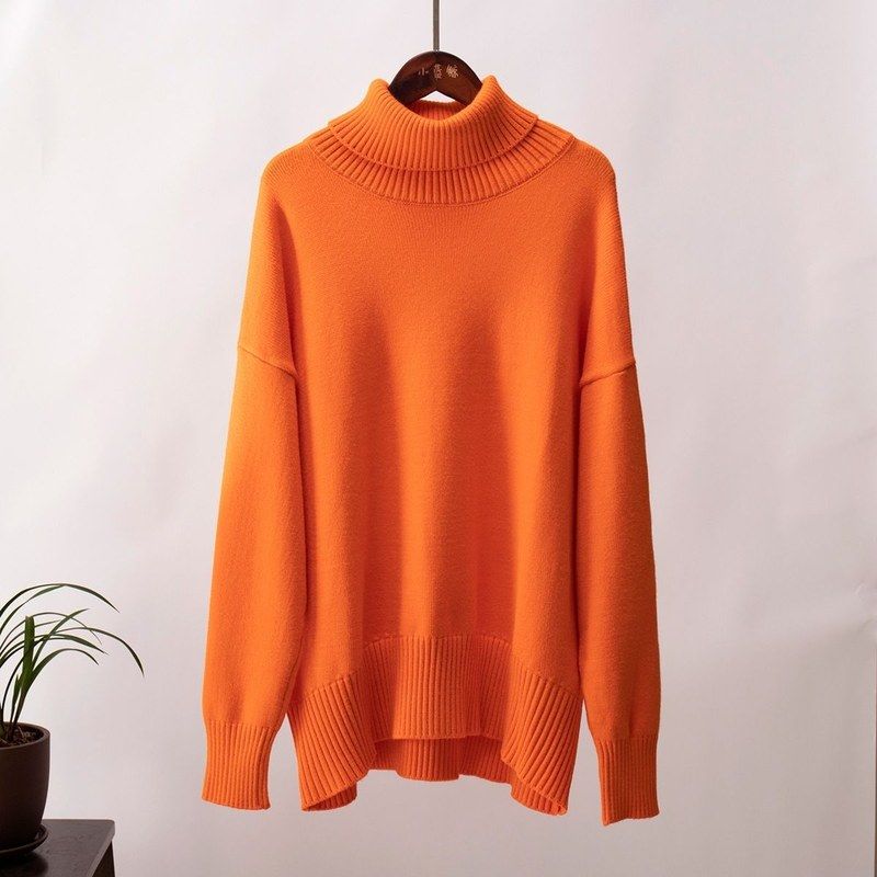 Women's Plus Size Turtleneck Sweater Autumn Winter Loose Solid Color Pullover Knit TopThick Stretch Knitwear