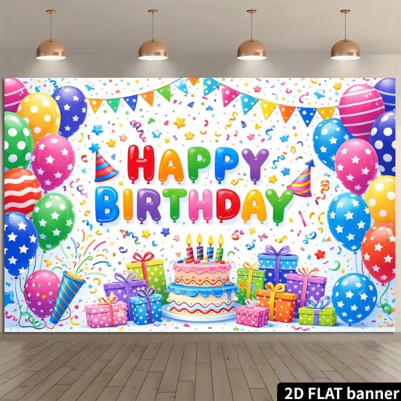 2D Bright Multicolor Happy Birthday Background Cloth for Party