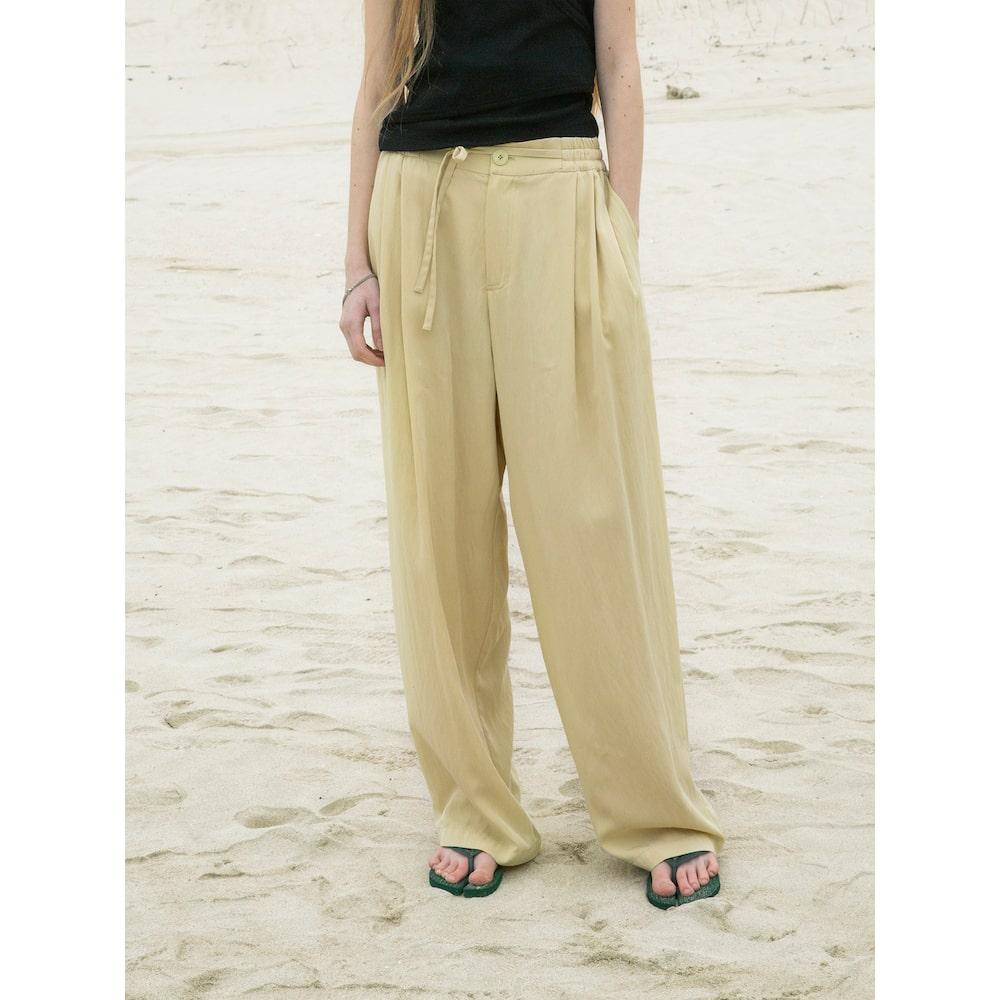 Saendeusaundeu (Unisex) Wide Elastic Waist Pants Beige
