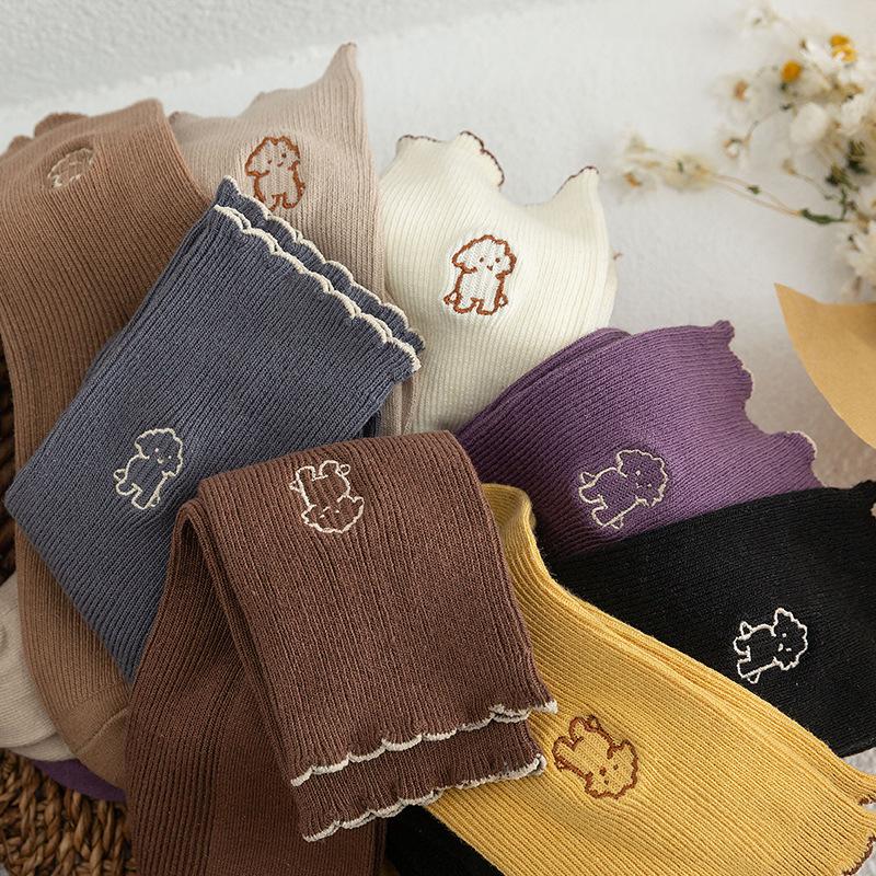 5 Pairs of Women's Autumn and Winter Lace Preppy Cute Cartoon Wooden Ear Edge Cotton Tube Pile Socks