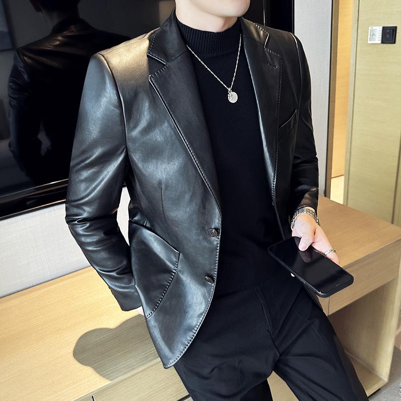 Giacca da Uomo Slim Fit in Pelle Tinta Unita - Abito Trendy Business Casual per Primavera e Autunno (DX02)