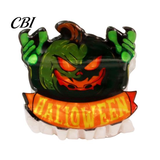 Shark Hair Claw Back Head Claw, Reinforced Clip with Elastic Base, Halloween Skull Bat Design Pumpkin Patterns for Bun Half-Tied Style Transparent