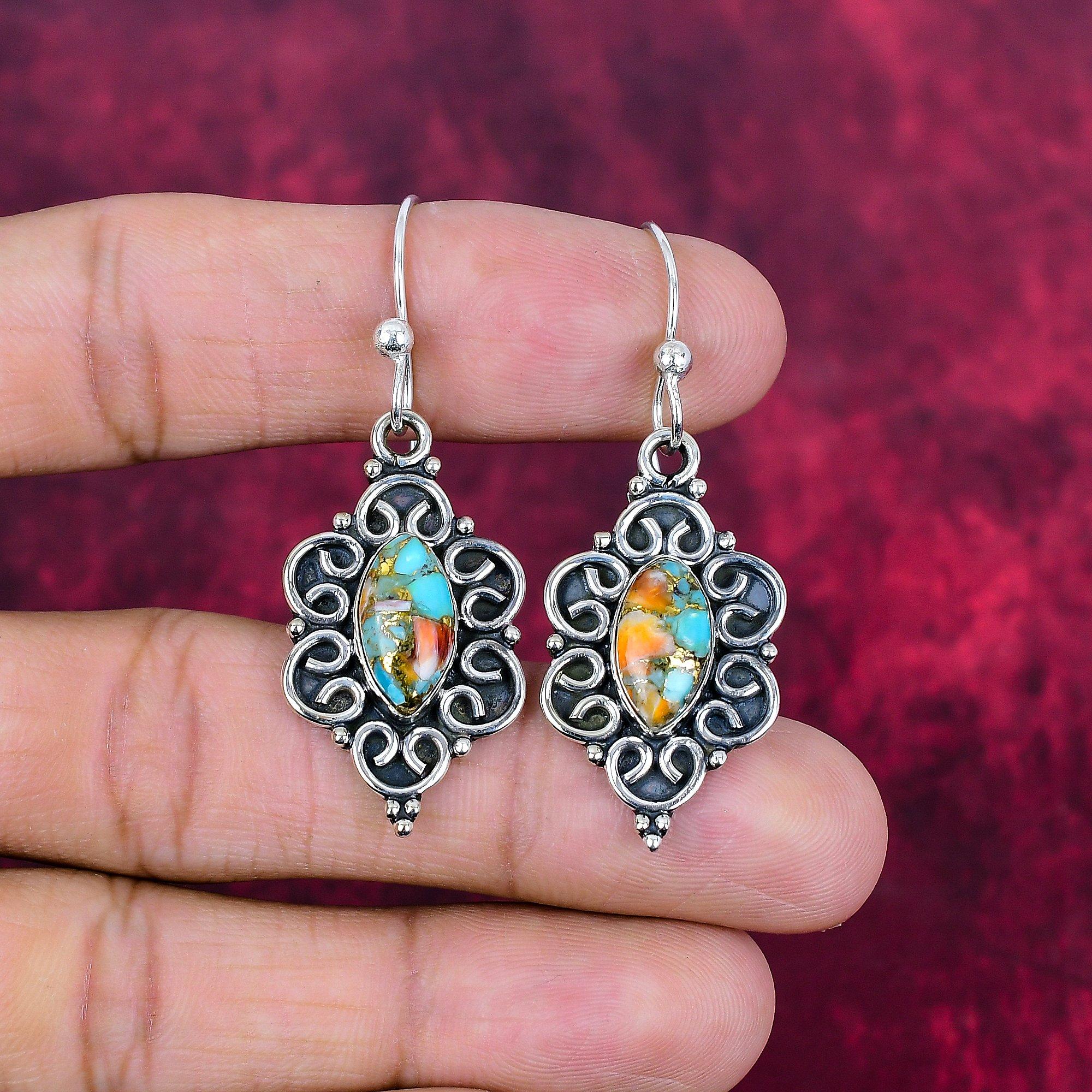 

Оранжевые колючие серьги из медной бирюзы, Ювелирные изделия из драгоценных камней из цельного стерлингового серебра 925 пробы, Серьги ручной работы, На День благодарения 1.96 Inches