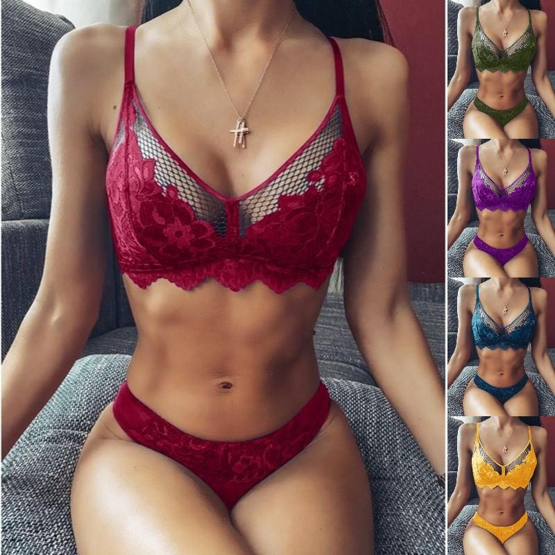 

Женская мода Цветочное кружево Комплекты нижнего белья See Through Sexy Bra Hollow Out Сетка Бюстгальтер Набор Две части Бикини Набор