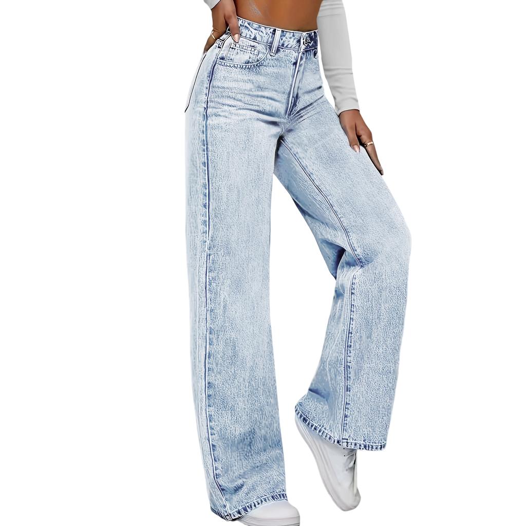 Women's High Waist Washed Women's Jeans Fashionable Versatile Straight Leg Pants