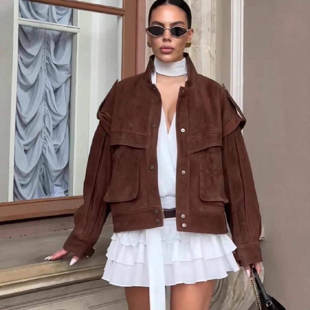 2025 Autumn/Winter European & American Melaude Suede Long Sleeve Pocket Loose Jacket for Women