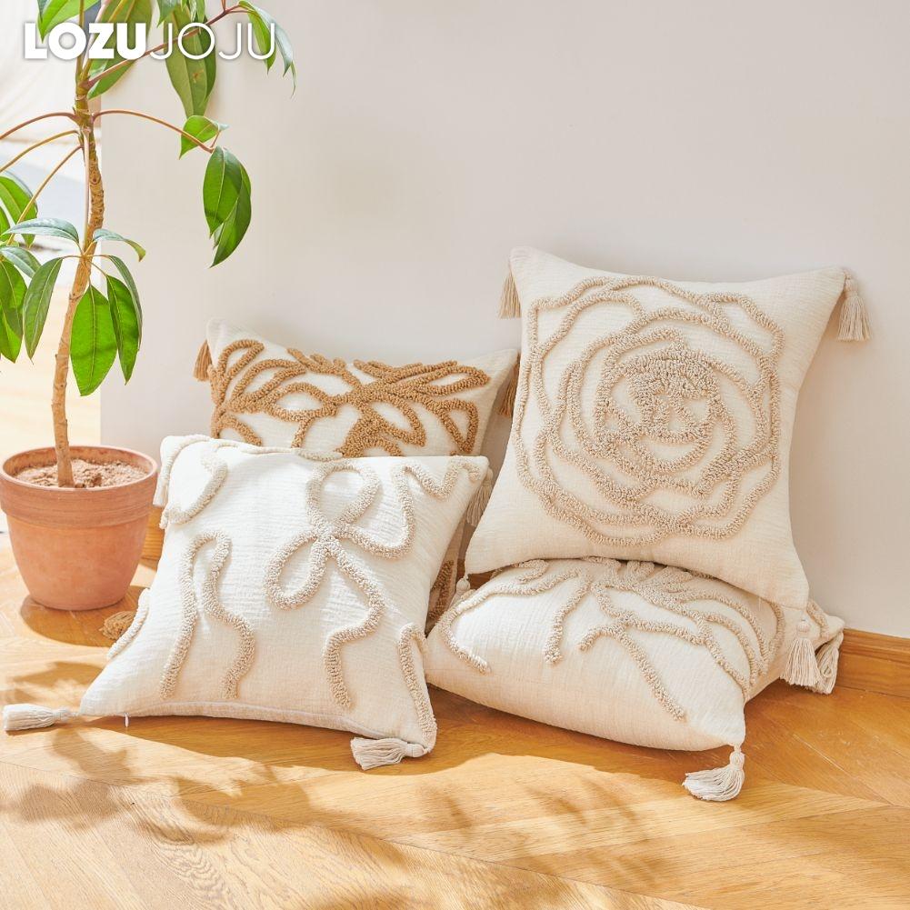 1PC LOZUJOJU Cream Style High-end Pillowcase Tassel Embroidery Soft Cushion Cover for Sofa Living Room Bedroom Home Decor W45cm x L45cm