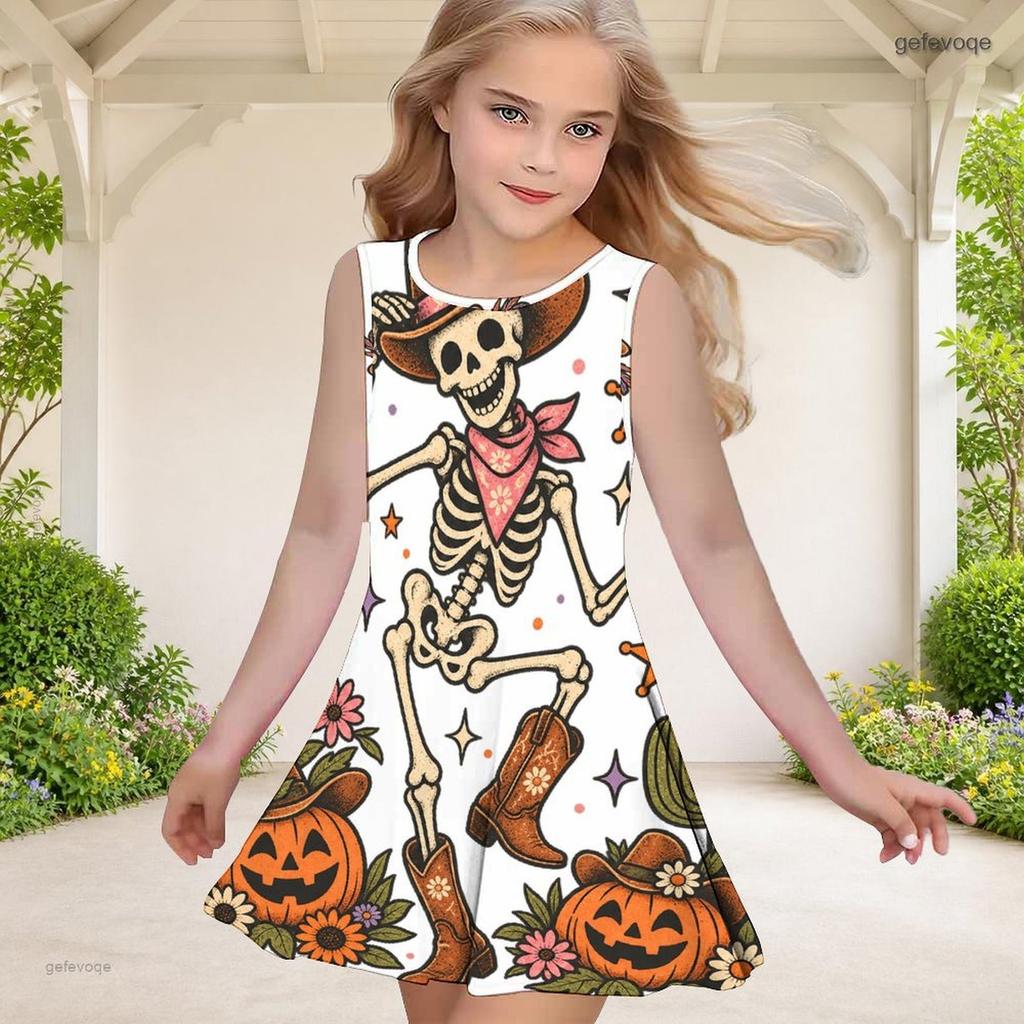 Girls Round Neck Sleeveless A Line Flared Hem Dress Halloween Raccoon Pumpkin Printed