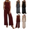 Women Summer 2 Piece Outfits Back Tank Top Sleeveless Hollow And Wide Leg Pants Set Boho