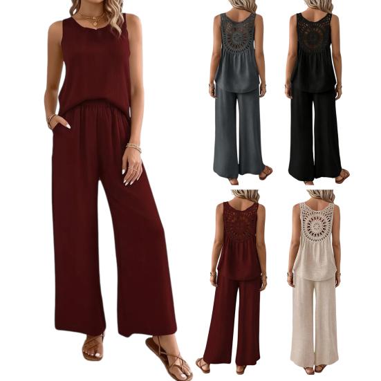 Women Summer 2 Piece Outfits Back Tank Top Sleeveless Hollow And Wide Leg Pants Set Boho