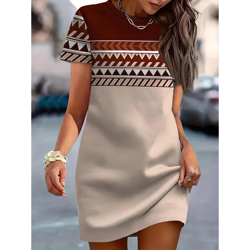 Women's Summer Casual Allover Simple Print O Neck Short Sleeve Dress Shirt Dresses For Women Y2k Ladies Clothes Woman Clothing