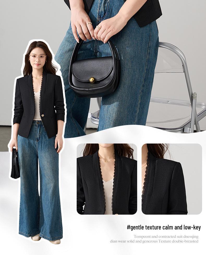 Women's White Lace Long Sleeve Blazer - Slim Fit, Short Style, Versatile for Autumn 2025