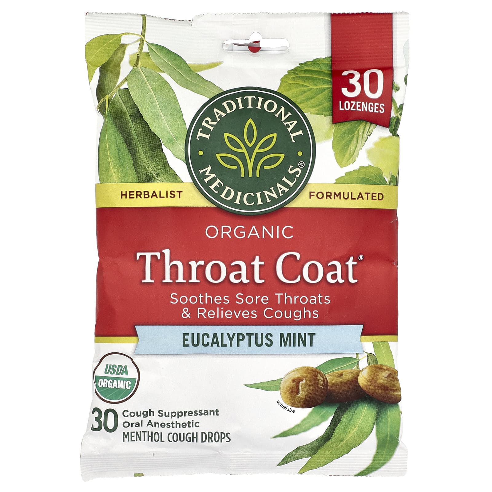 

Organic Throat Coat® Drops, Eucalyptus Mint, Menthol, 30 Tablets