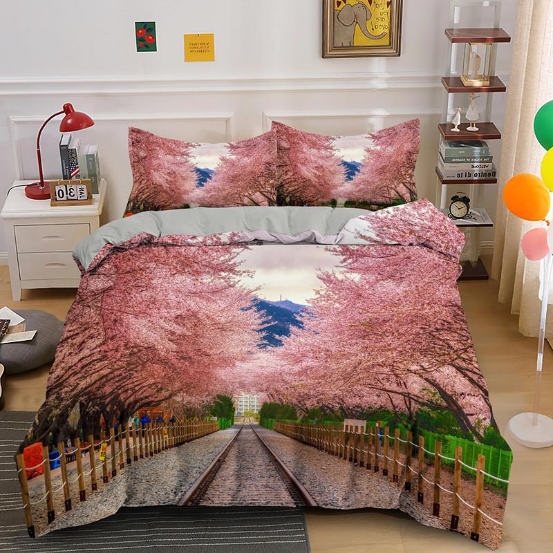 Plum Blossom Duvet Cover Set King Pink Flower Quilt Cover For Girls Microfiber Branches Printed Japanese Ink Style Bedding Set