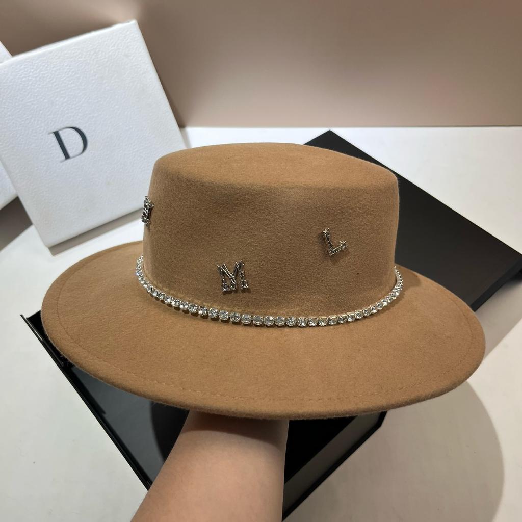 French Hepburn Pure Wool Rhinestone Top Hat Autumn And Winter New Light Luxury Celebrity Style Elegant Letter Wide Brim Flat Top Hat Women