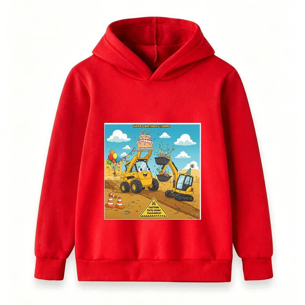 Kids Happy Birthday Construction Truck Hoodie Cartoon Excavator Skid Steer Print Pullover for Boys Girls Casual Party Sweatshirt