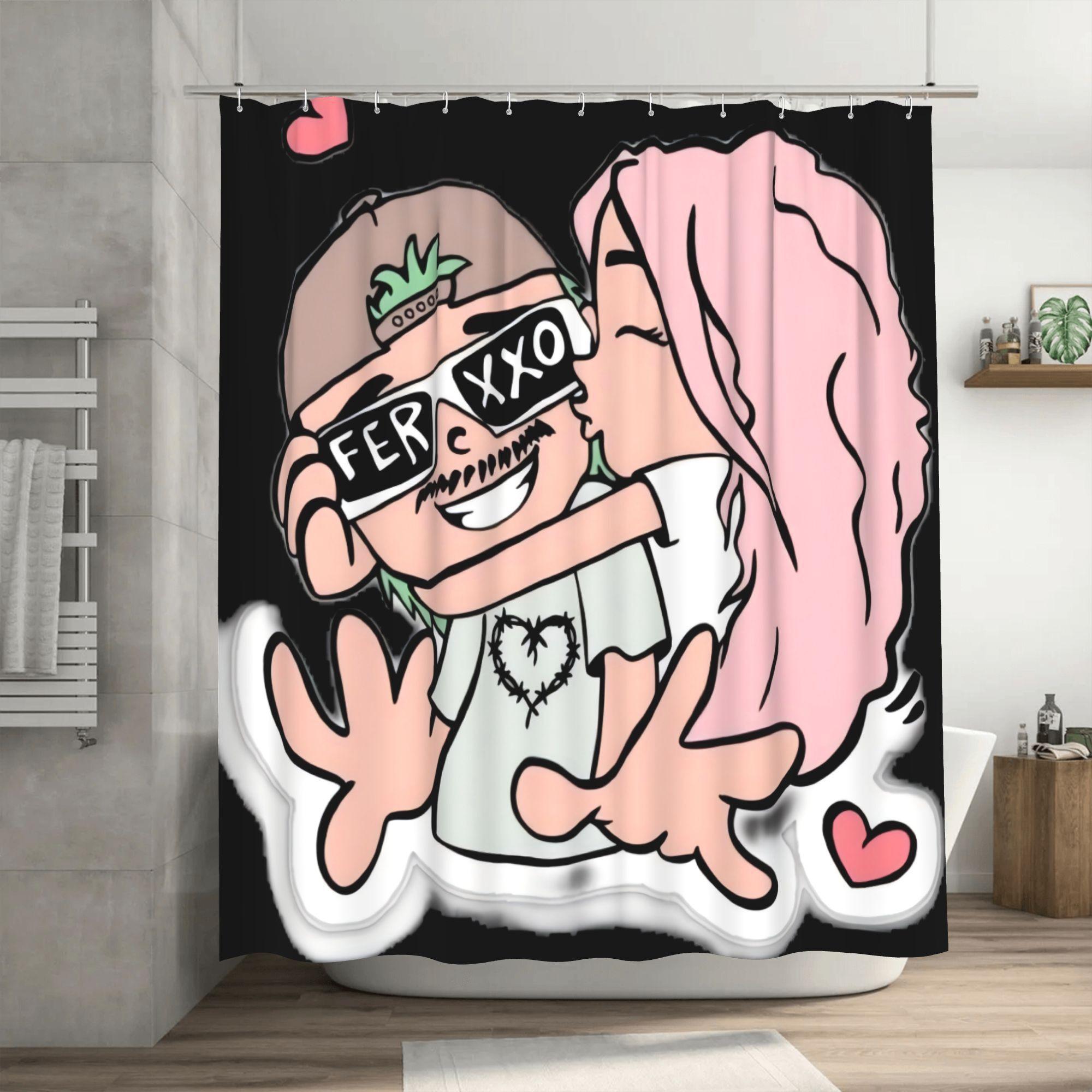 

Feid & Karol G Shower Curtain - Inspirational Fashion Design with FER XXO & Heart Graphics, Durable Polyester, Machine Washabl 90x180cm