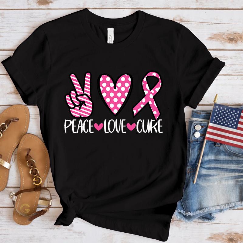 Neues Lustiges Brustkrebs-Bewusstseins-Frieden-Liebe-Heilung T-Shirt Unisex Kurzarm O-Ausschnitt Sommer Lässig Buchstabenaufdruck T-Shirt Oberteil