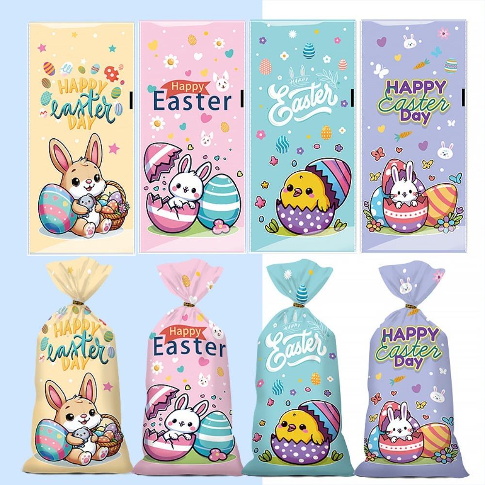 50pcs Happy Easter Plastic Candy Bags Little Bunny Colorful Balloon Gift Packing Bag Easter Egg Pattern Biscuits Wrapping Bag