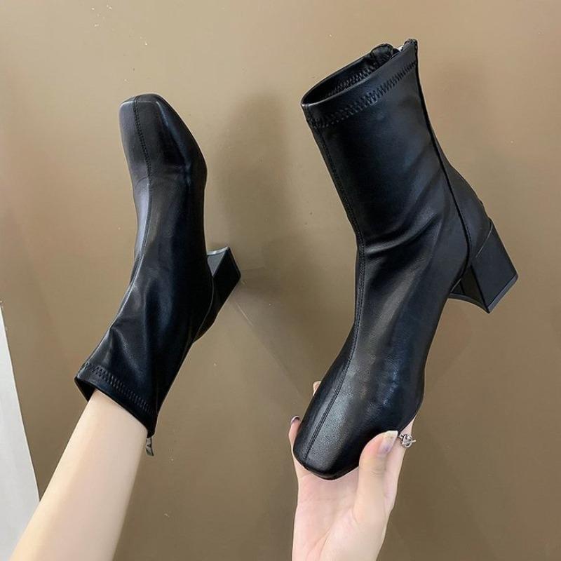 Martin Boots Women's New Women's Boots Winter Square Head Rear Zipper Short Boots Women's Thick Heel Medium Heel Boots Women's 6cm