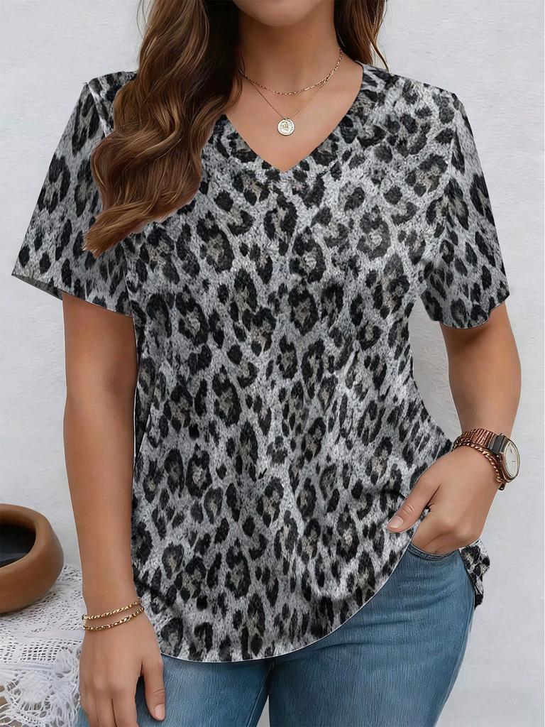 Hot-selling Women's Clothing Splicing Denim 3D Printing Short-sleeved V-neck T-shirt Summer Fashion New Large-size Women's Clothing Top