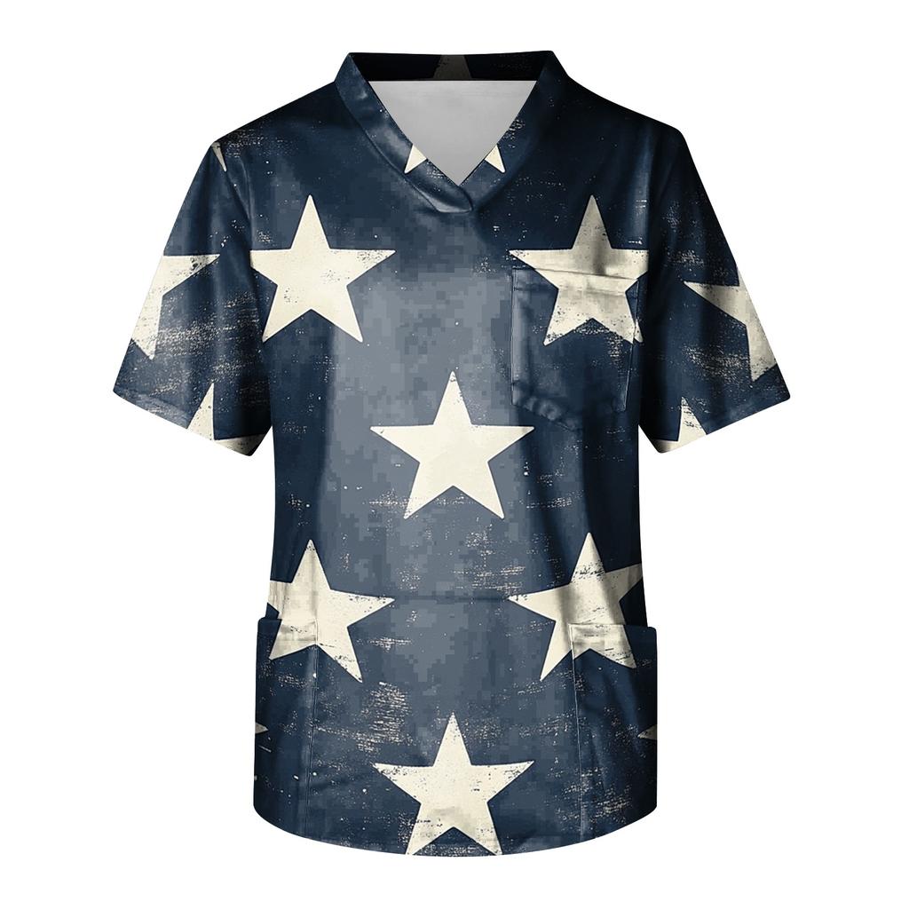 Men's V Neck Scrub Top with Front Pocket Independence Day Print Comfortable Fit Medical Nursing Work Shirt