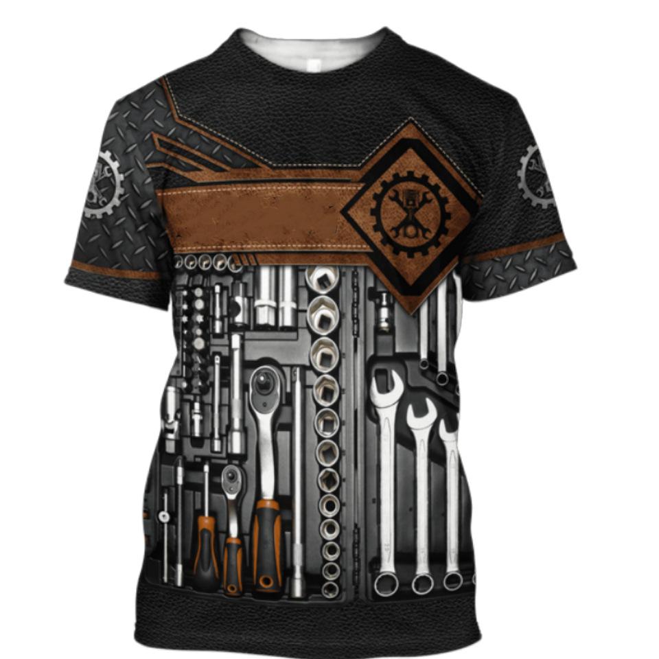 Mechanic 3D Printed Short Sleeved T-shirt Summer Breathable Polyester Simple Round Neck Top