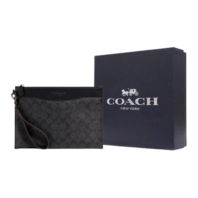 Coach Beckett 28 Monogram Zip Leather Document Clutch Medium Men Clutch Black Brown 91285-JILWO
