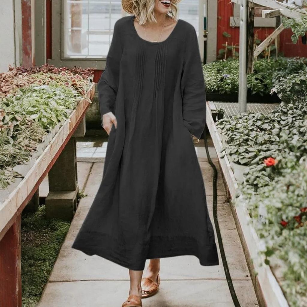 Women's Ound-neck Pleated Skirt With Pockets, Long-sleeved Cotton And Linen Dress