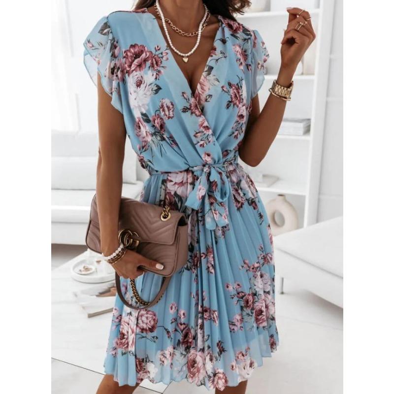 

Wish summer ruffle edge short sleeve collar digital print dress women XXL синій