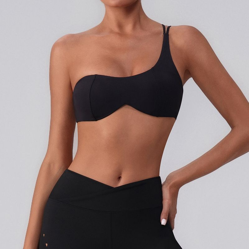 

Foreign Trade New Summer Training Workout Clothes Beauty Back with Holes Vest Sloping Shoulder Yoga Bra Nude Feel Sports Underwear Top Black XL/10
