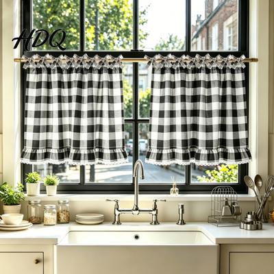 Polyester Baumwolle Fenster Vorhänge Buffalo Check Schürze Rüschen Schürze Vorhang mit Spitze Besatz und Schleifen Topper für Küche Lichtfilternd