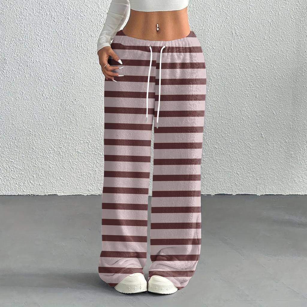 Women's Casual Fashion Printed Elastic Waist Loose Straight Leg Pants With Rope