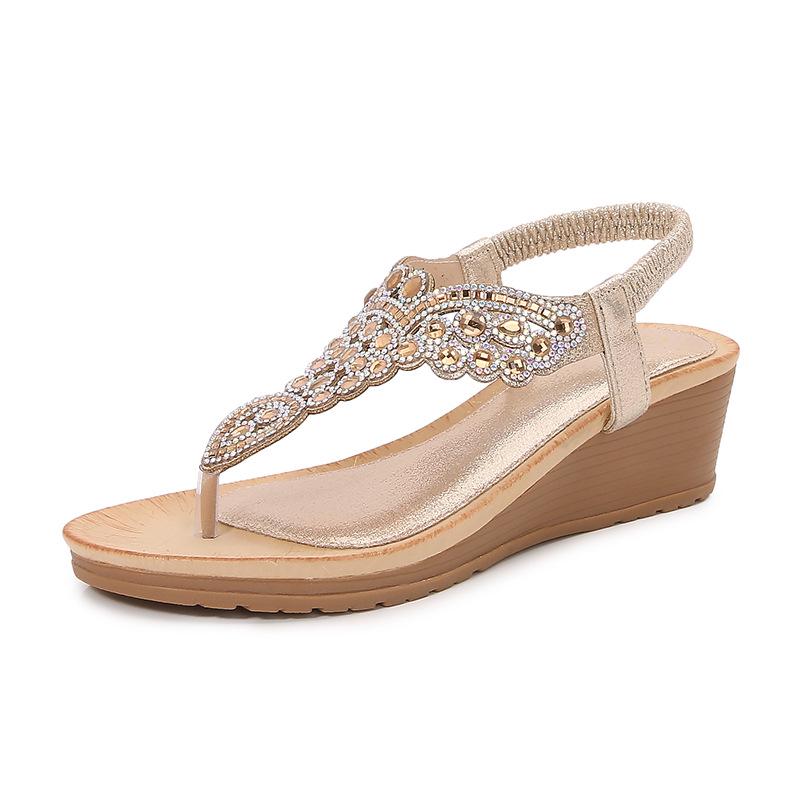 2026 Bohemian Rhinestone Wedge Sandals - Korean Style, Thick Sole for Women