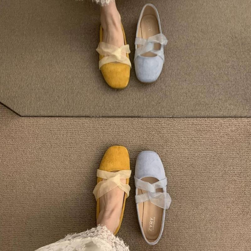 Flat bottom gentle wind evening shoes lace cross belt shallow mouth square head suede versatile commuter ballet single shoes women