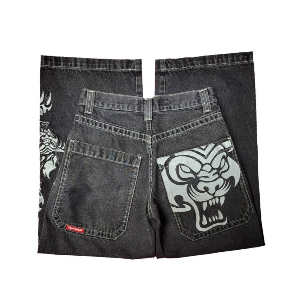 Jeans Harajuku com padrão bordado hip-hop solto grande, tendência da moda americana Y2K, jeans solto masculino, calças largas de rua