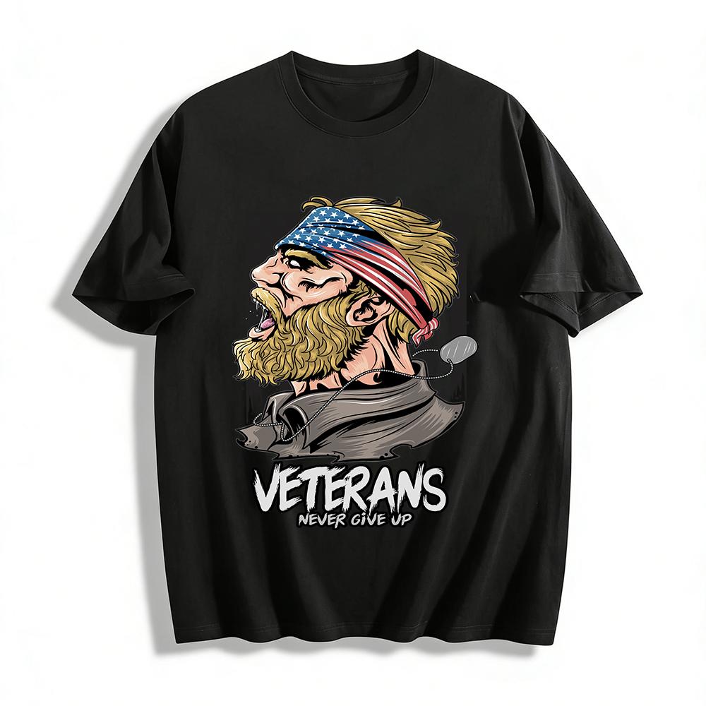 Veterans Never Give Up Themed Graphic Casual T-Shirt Pure cotton T-shirt XXS