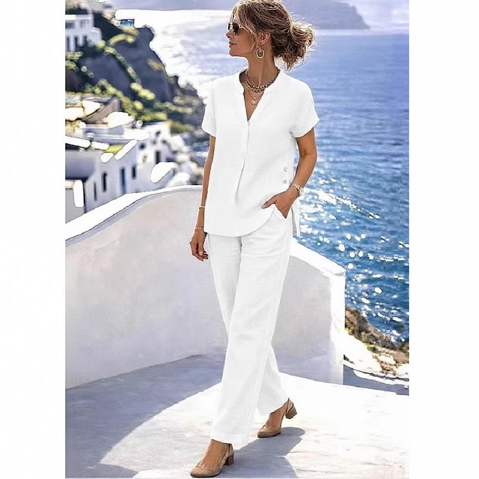 Spring/Summer 2026 European & American Linen V-Neck Short-Sleeve Two-Piece Casual Set