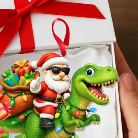 Santa Riding Dinosaur Ornament Funny Santa Claus Acrylic Hanging Decoration Novelty Dino Christmas Tree Ornament for Kids Boys Men
