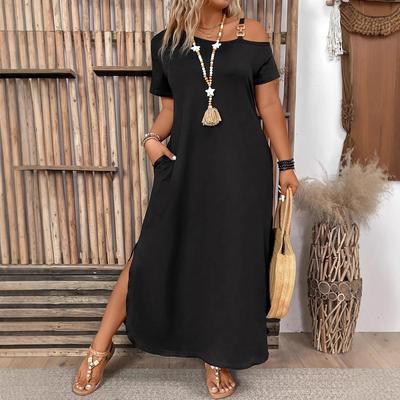 Plus Size Dress Elegant Slit Metal Buckle Single Shoulder Short Sleeve Big Size Women's Dress Home Office Dating