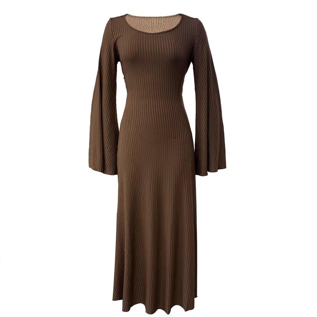 Women's Solid Color Stripe U-neck Long Sleeve Lace-up Dress